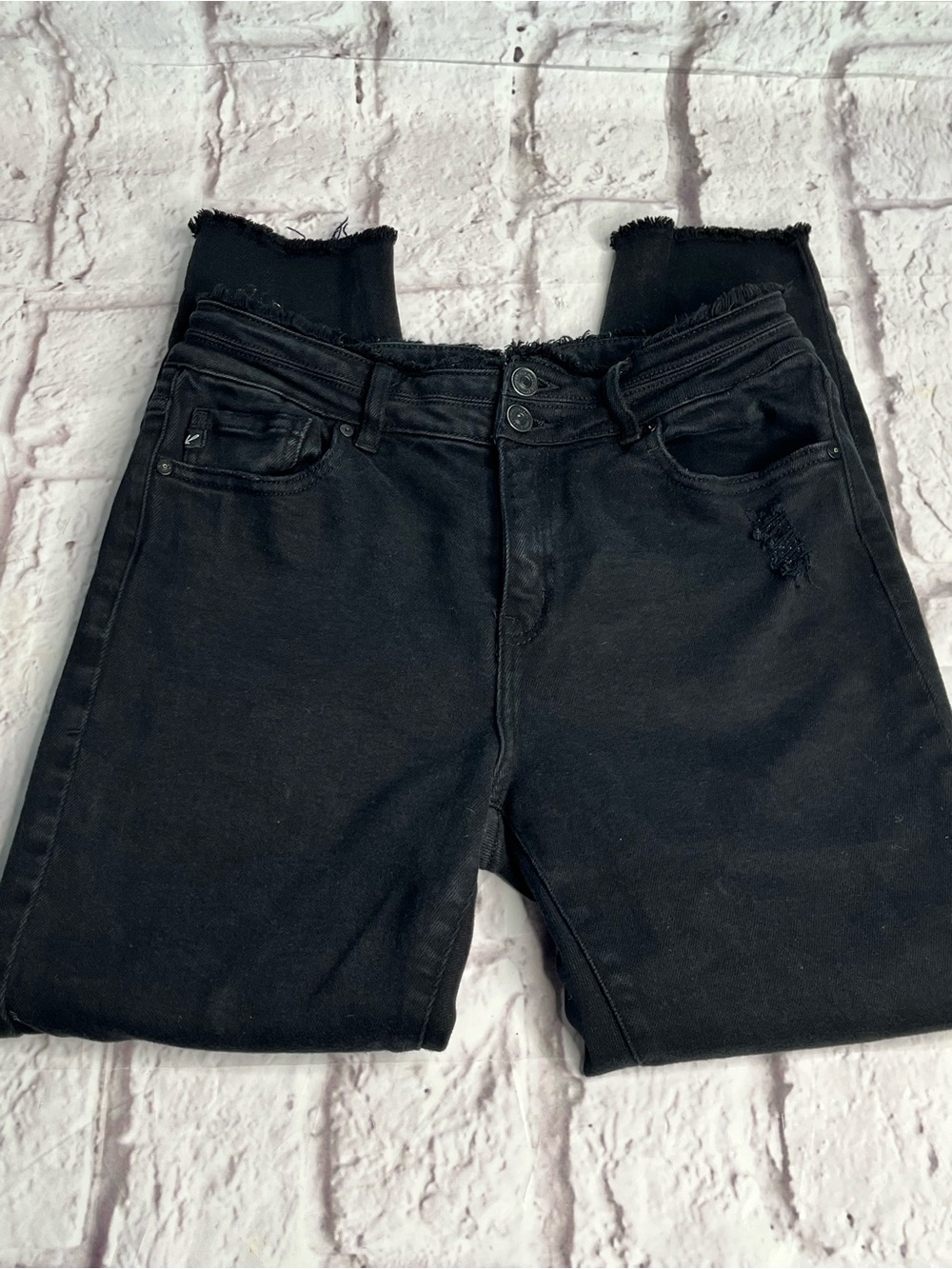 Kancan Women’s Black High-Waist Skinny Jeans - Distressed Hem size 11/29